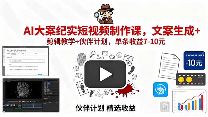 AI大案紀實短視頻制作課，文案生成+剪輯教學+伙伴計劃，單條收益7-10元