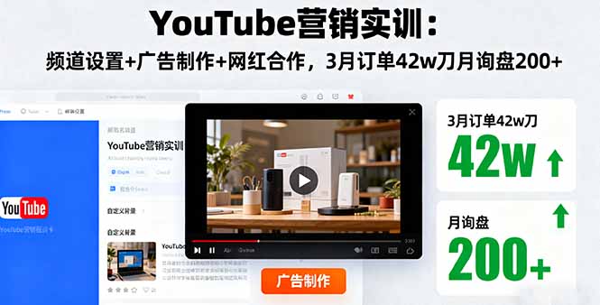 YouTube營銷實訓：頻道設置+廣告制作+網紅合作，3月訂單42w刀月詢盤200+