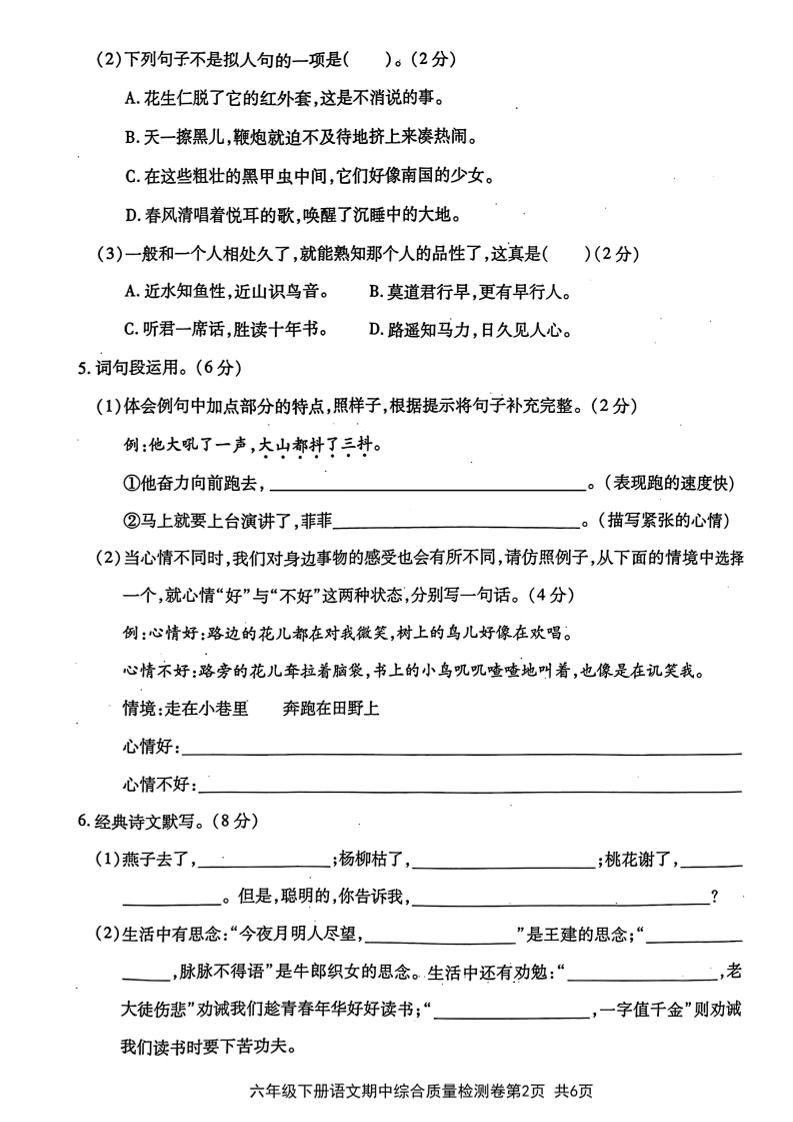 六年級下語文期中綜合質量學情評估卷