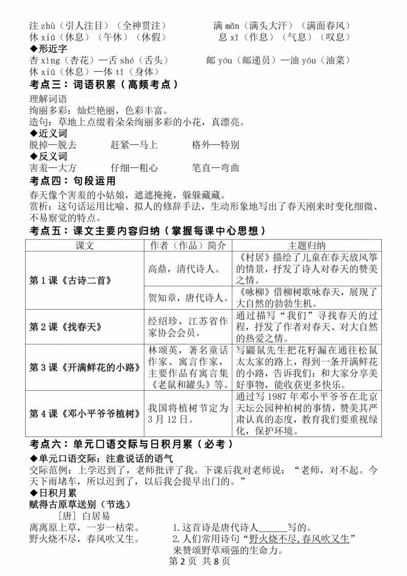 二年級下冊語文期中地毯式復習重點8頁