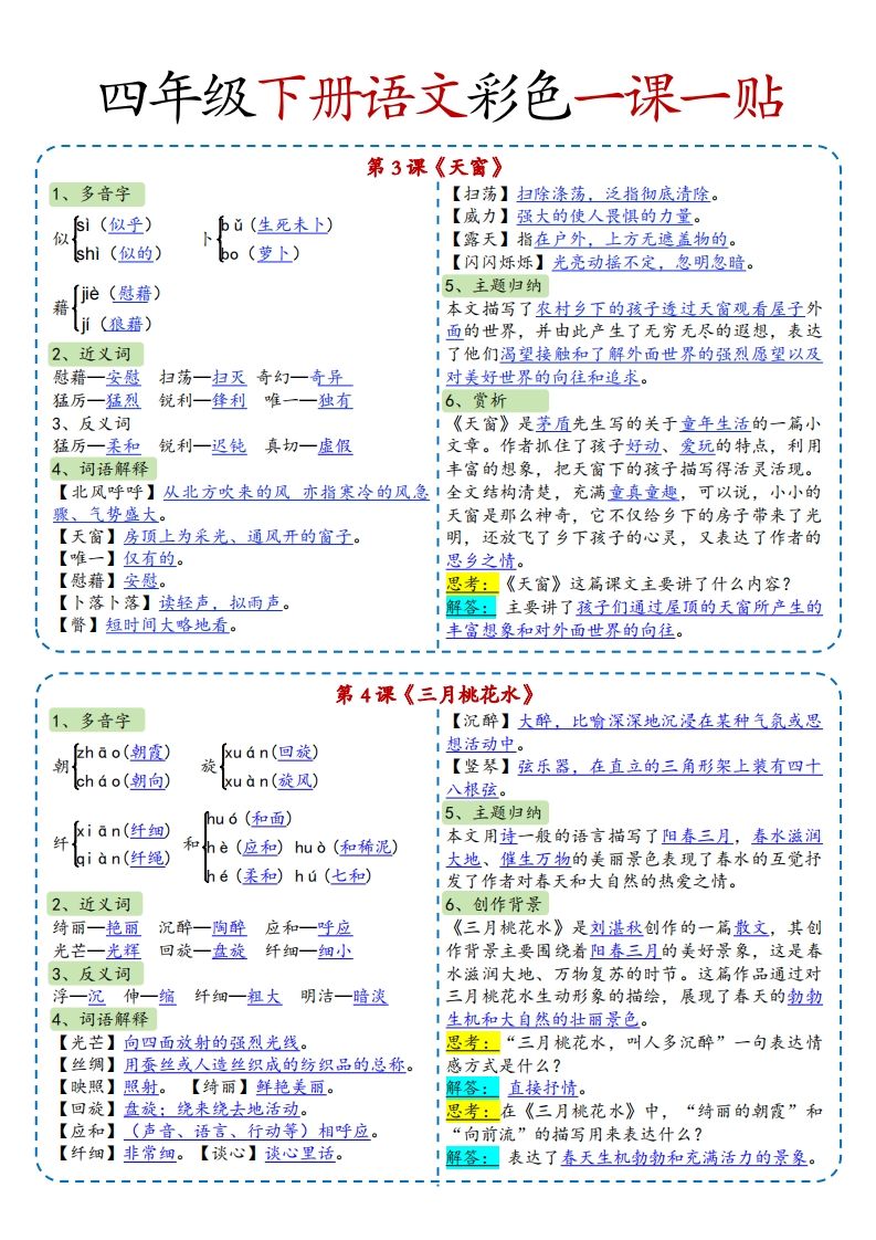 四年級下語文彩色一課一貼全