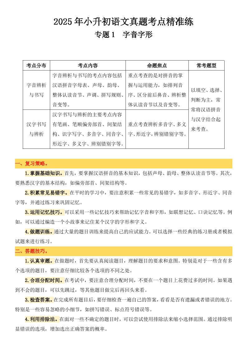 小升初語文備考真題分類匯編專題1字音字形