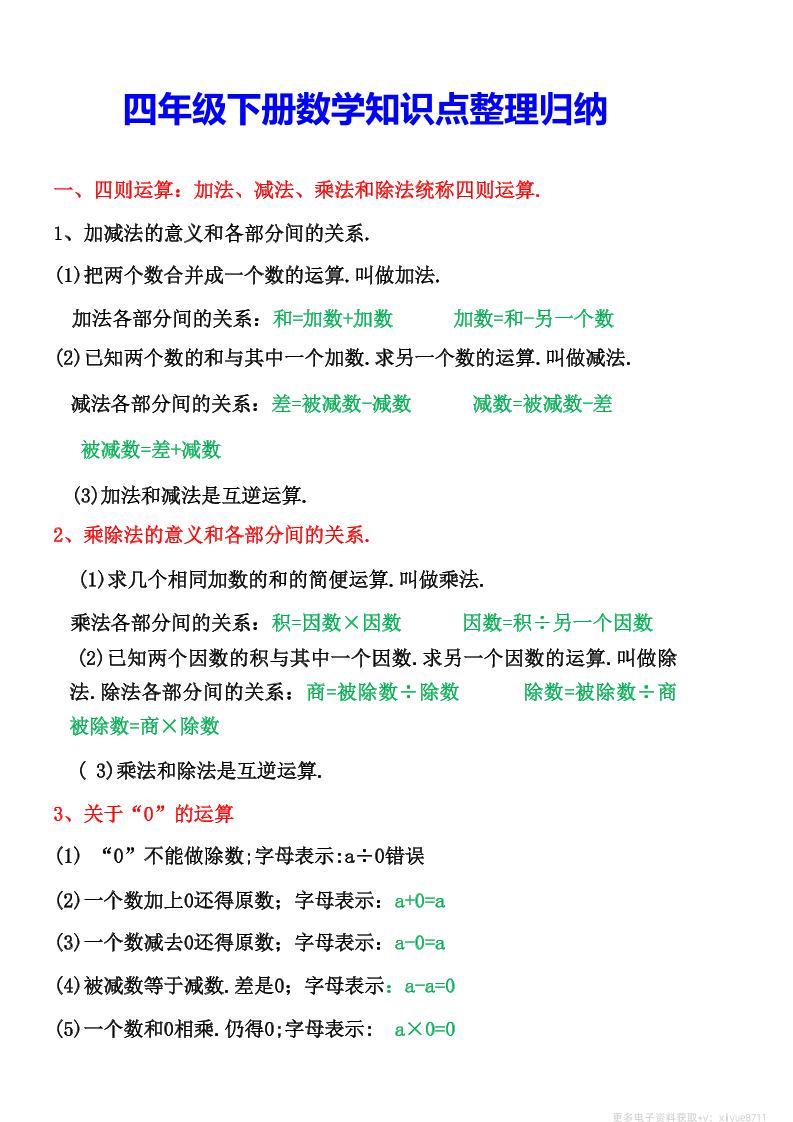 四年級下數學知識點整理歸納