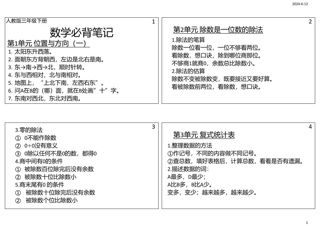 三年級數學下冊必背筆記課課貼(4圖)