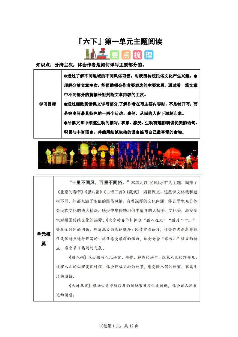 【主題閱讀】統編版語文六年級下冊第一單元“民風民俗”(主題閱讀)