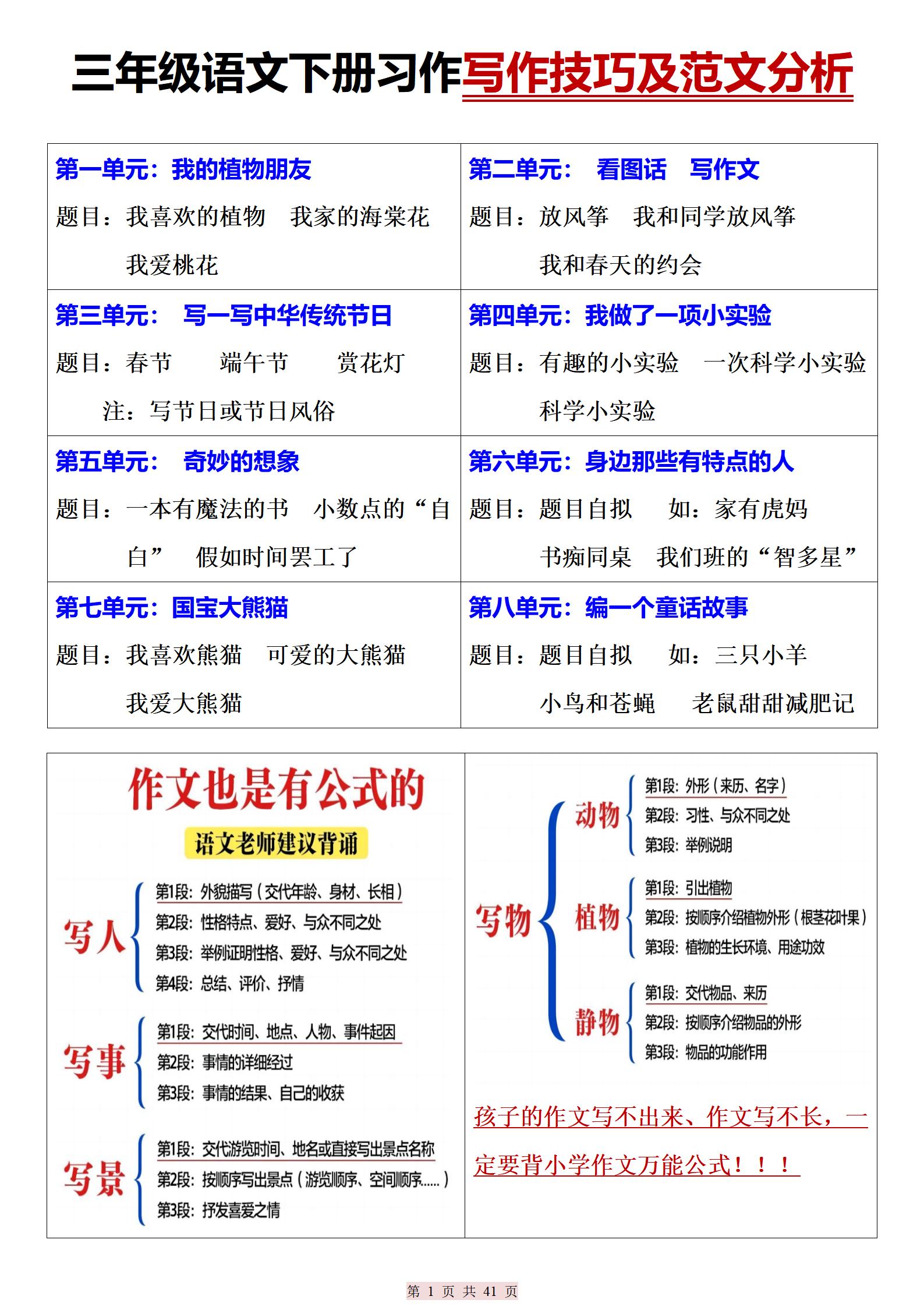 三下語文期末復習習作寫作技巧及范文分析(41頁)