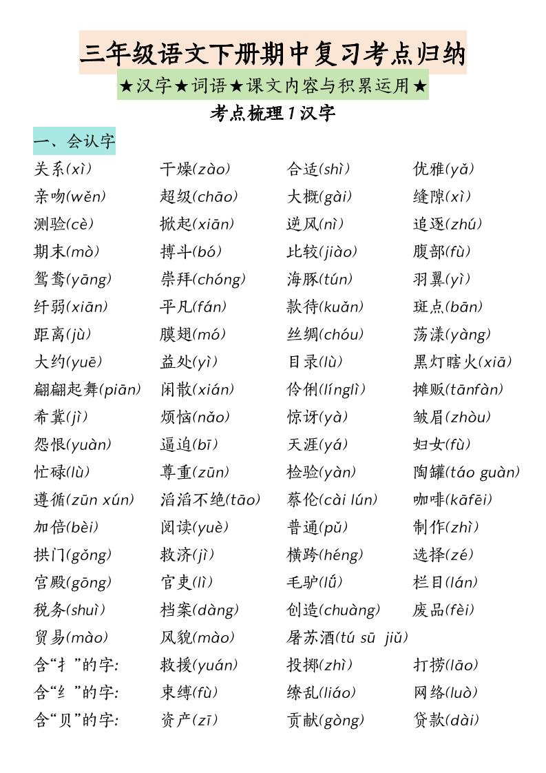 三下語文期中復習(漢字★詞語★課文內容與積累運用)