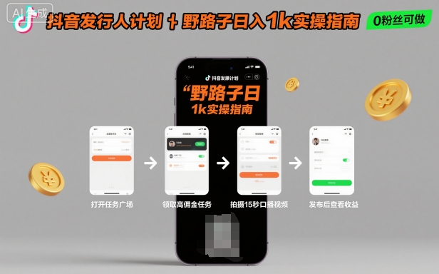 抖音發行人計劃全新野路子玩法，隨時隨地，只要有手機，就能操作，日入1k+【揭秘】
