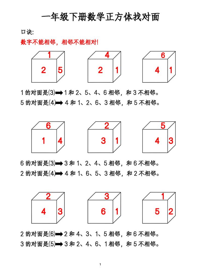 一年級下冊數學正方體找對面