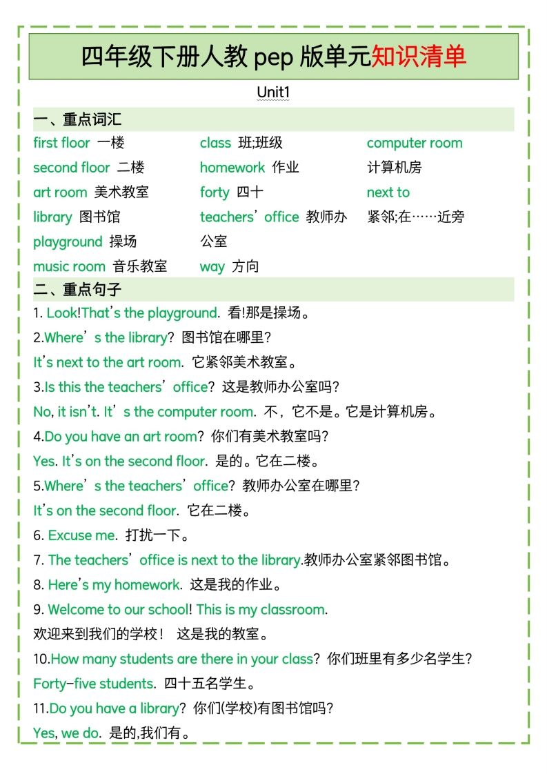 四下英語人教pep版單元知識清單