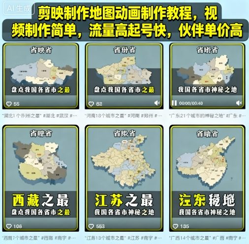 剪映制作地圖動畫制作教程，視頻制作簡單，流量高起號快，伙伴單價高