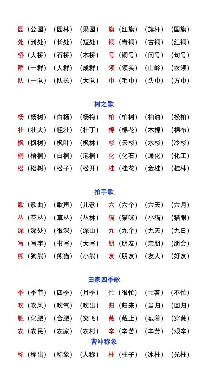 二年級上冊語文暑假預(yù)習重點《生字組詞匯總》