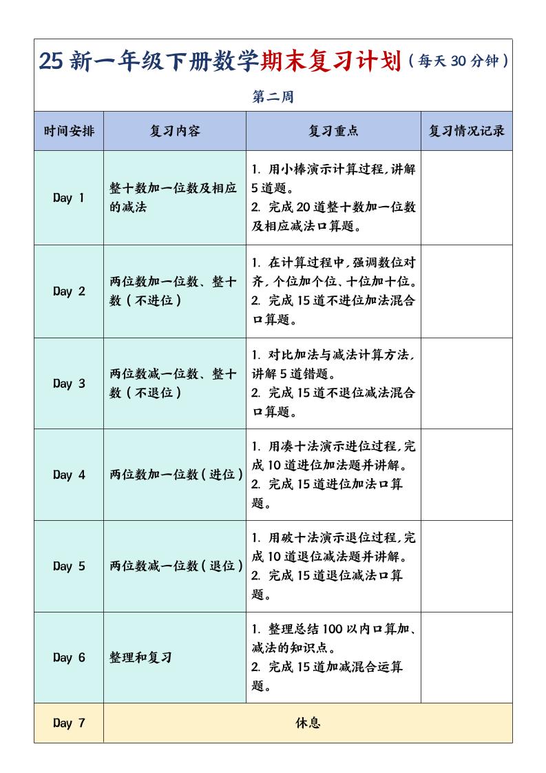 一下數學【期末復習計劃】