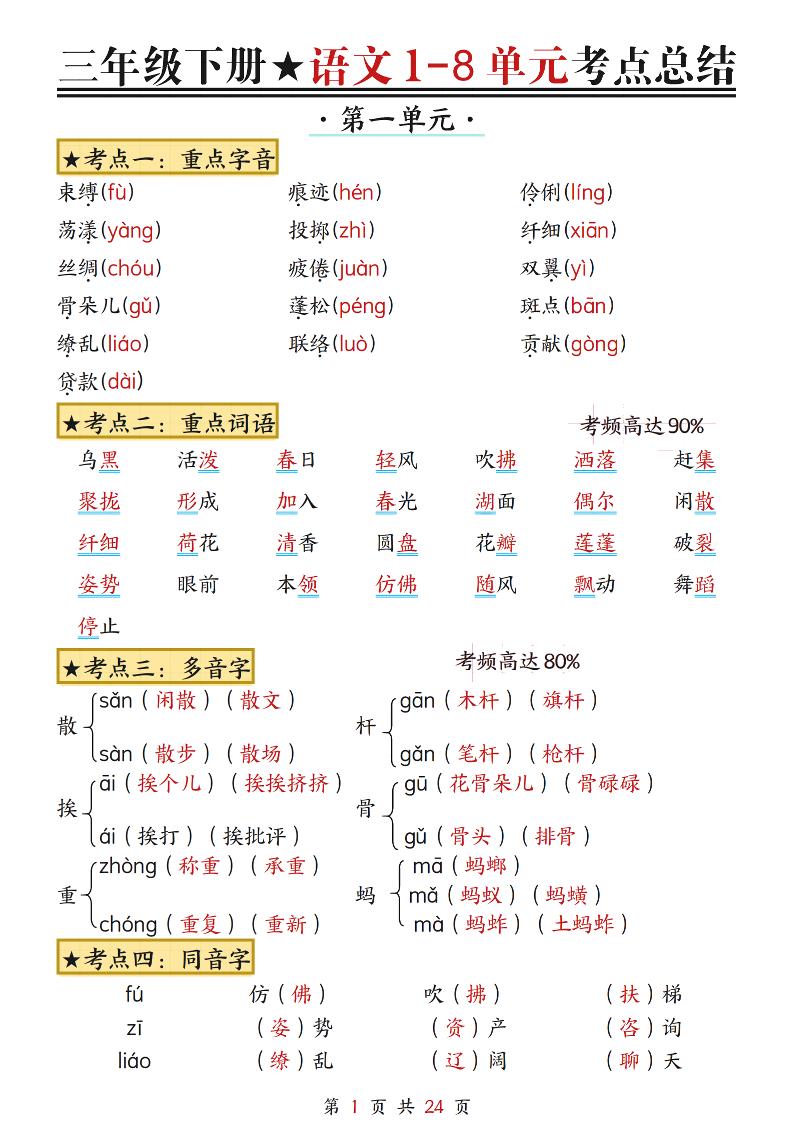 三下語文1-8單元考點總結(jié)(24頁)