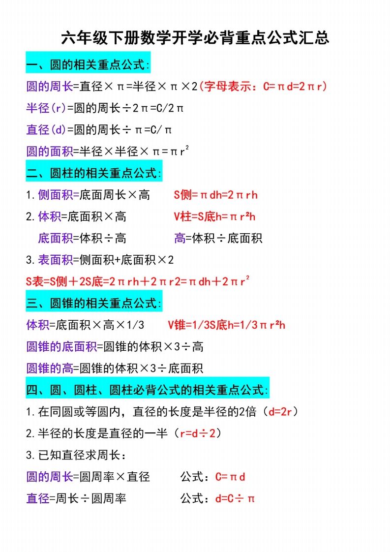 六下數學必背重點公式匯總