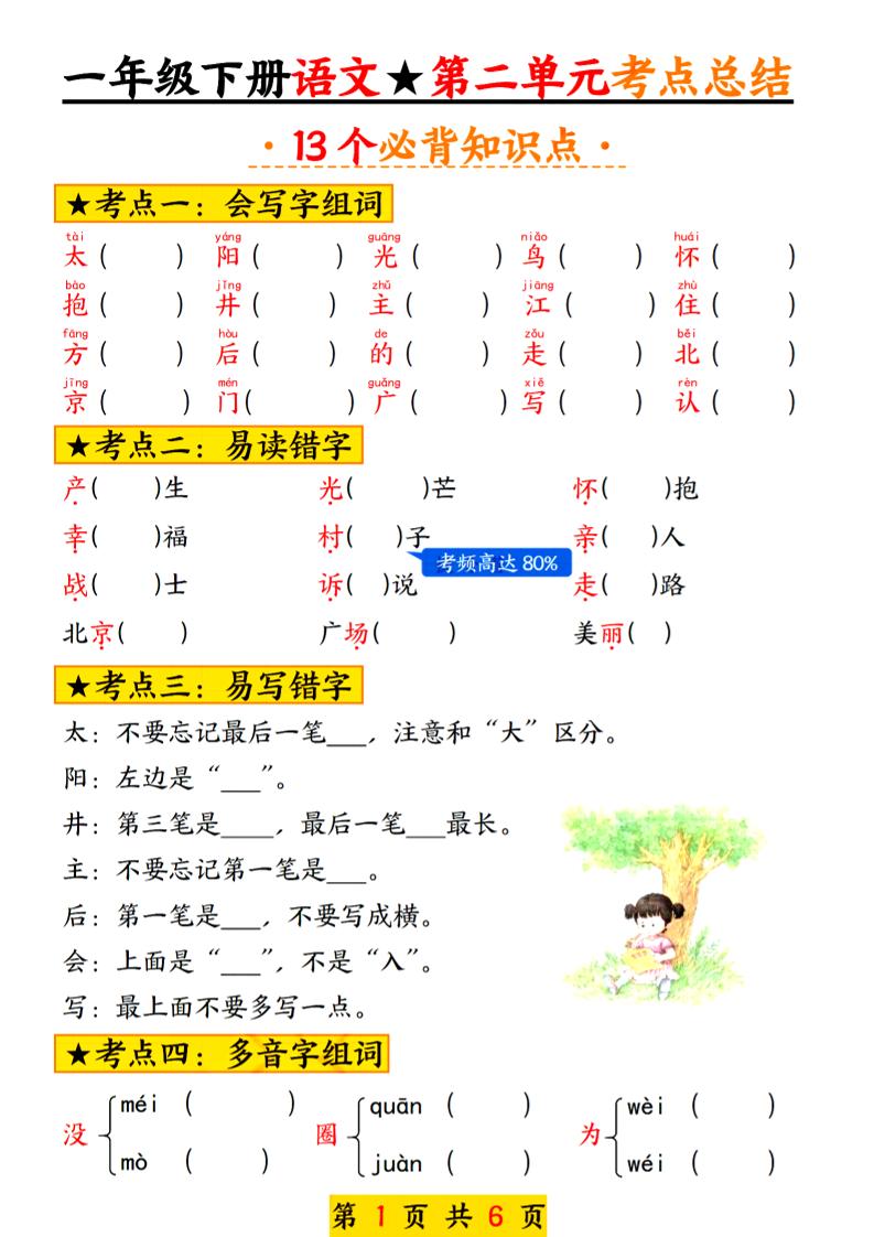 2025新版一年級語文下冊第二單元考點總結13個必背