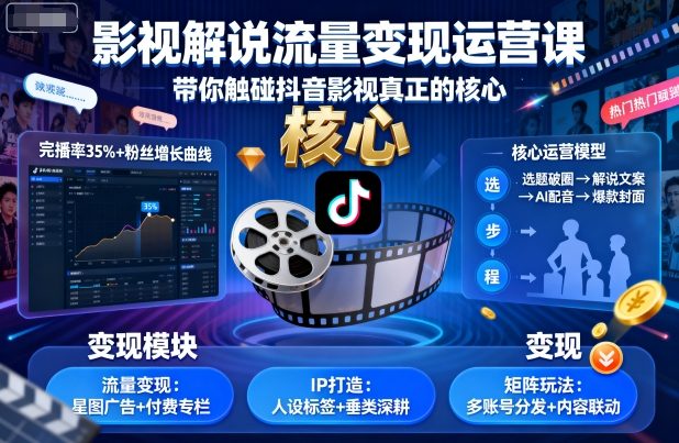 影視解說流量變現運營課，帶你觸碰抖音影視真正的核心