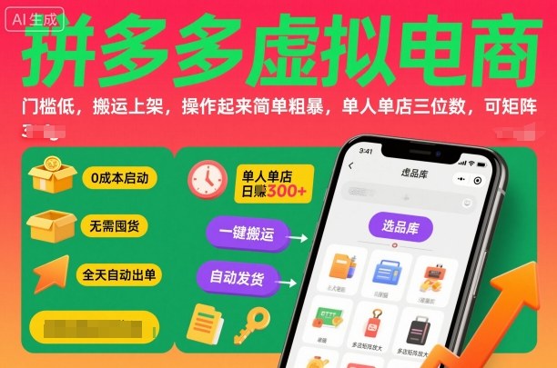 拼多多虛擬電商,門檻低,搬運上架,操作起來簡單粗暴,單人單店三位數,可矩陣