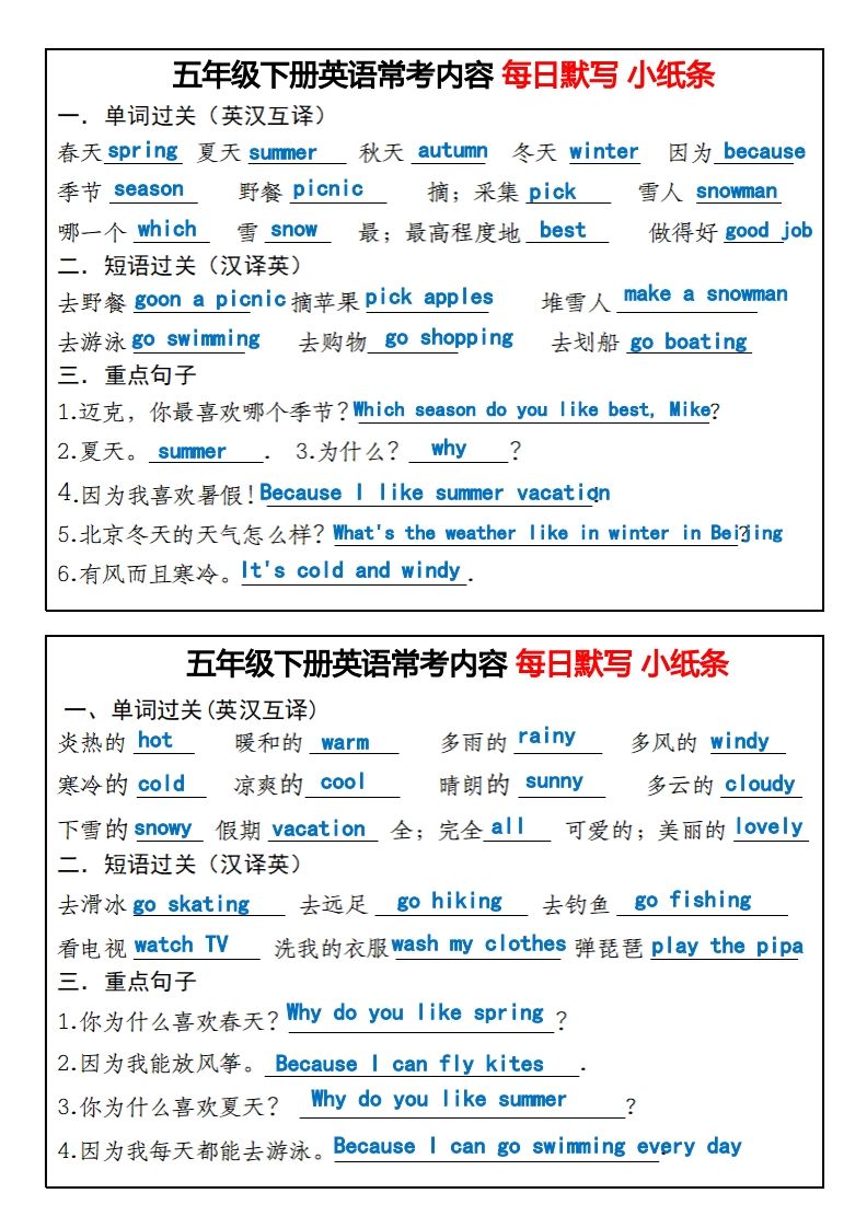 《英語常考內容每日默寫小紙條》五下英語人教PEP
