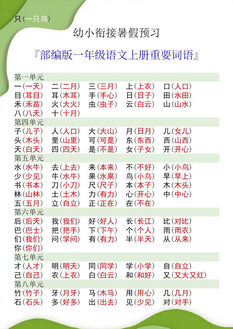 幼小銜接暑假預習部編版一年級語文上冊重要詞語