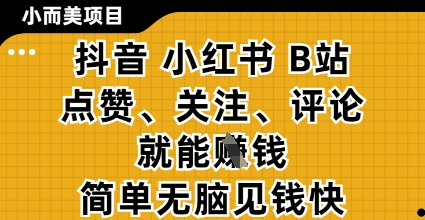 小而美的項目，抖音小紅書B站視頻點贊、關注、評論就能掙錢，簡單無腦立見收益，妥妥的零擼項目【揭秘】