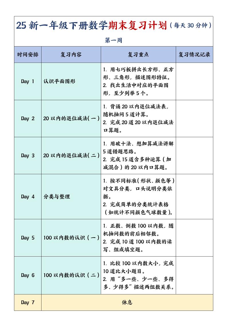 一下數學【期末復習計劃】