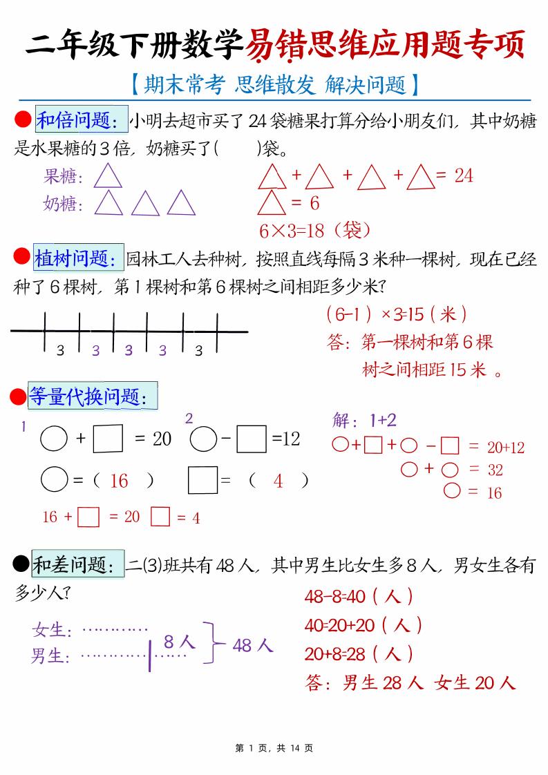 二下數學易錯思維應用題專項（28道母題）練習+答案版14頁