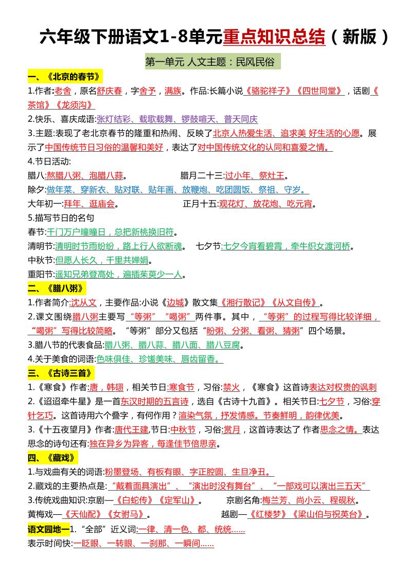六年級下語文1-8單元常考知識點總結