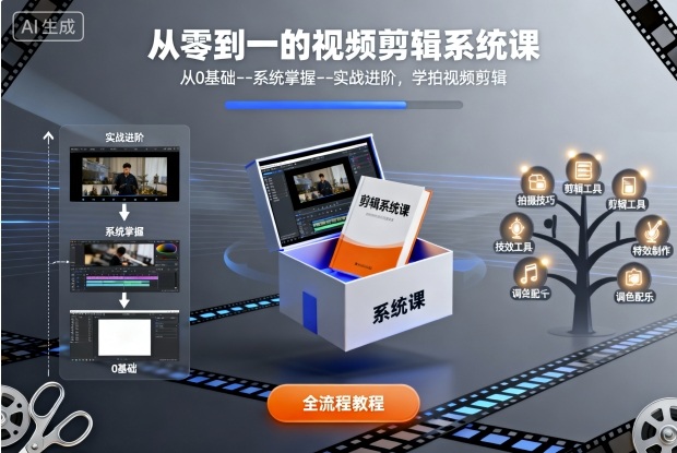 從零到一的視頻剪輯系統課，從0基礎--系統掌握--實戰進階，學拍視頻剪輯