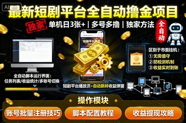 最新短劇平臺全自動掛G擼金項目，單機一天3張+，多號多擼，區別于市面所有掛機項目，獨家方法【揭秘】