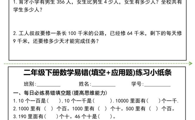 二年級下冊數(shù)學(xué)易錯(cuò)(填空+應(yīng)用題)練習(xí)小紙條-高清無水印完整版本